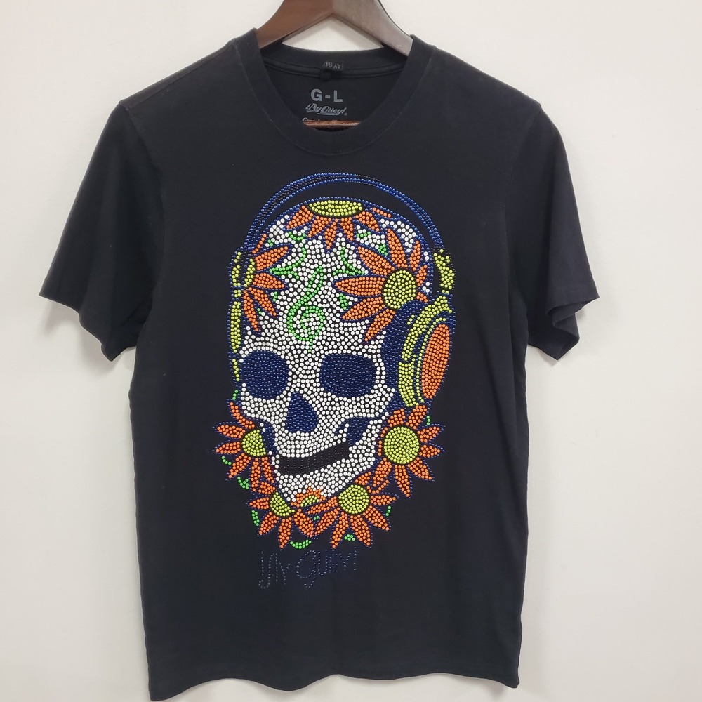 Ay Guey Mens Short Sleeve‎ Studded Skull T Shirt Size L Black Grunge Streetwear